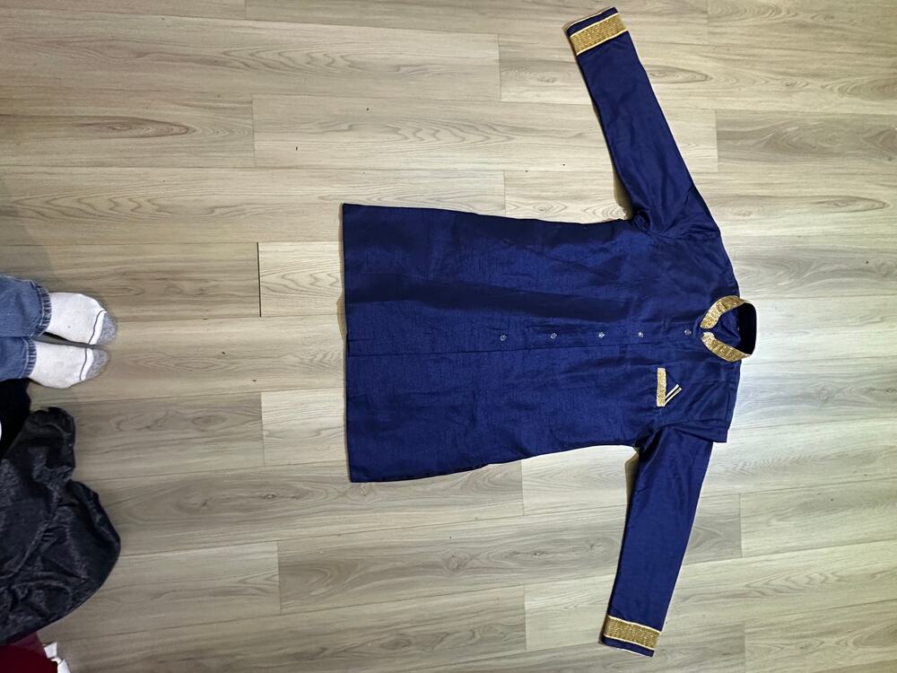 Men’s Royal Blue Raw Silk Kurta Sherwani Size 46 Zari Trim Indian Wedding Eid